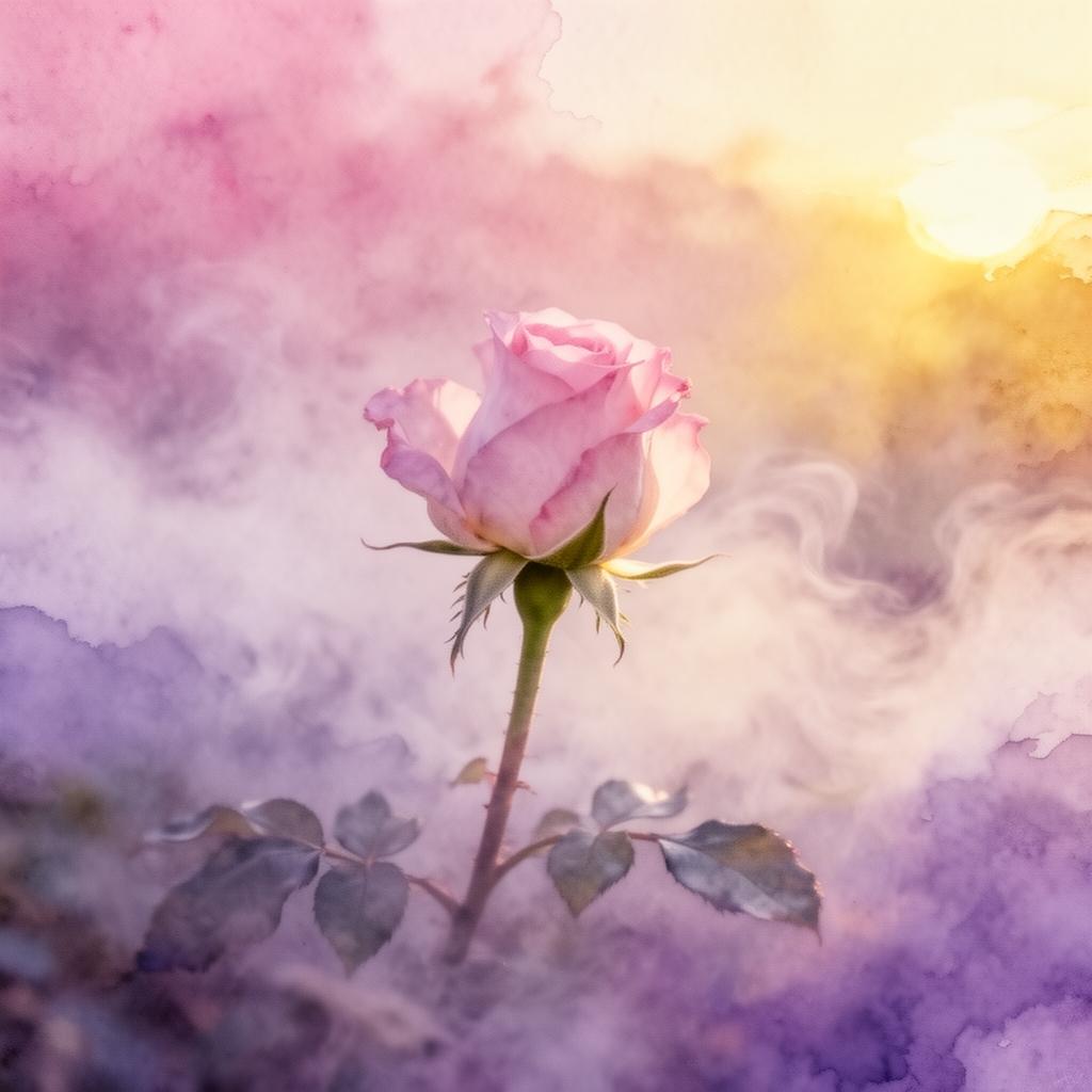 A single soft pink rose bud beginning to bloom against a dawn-colored sky